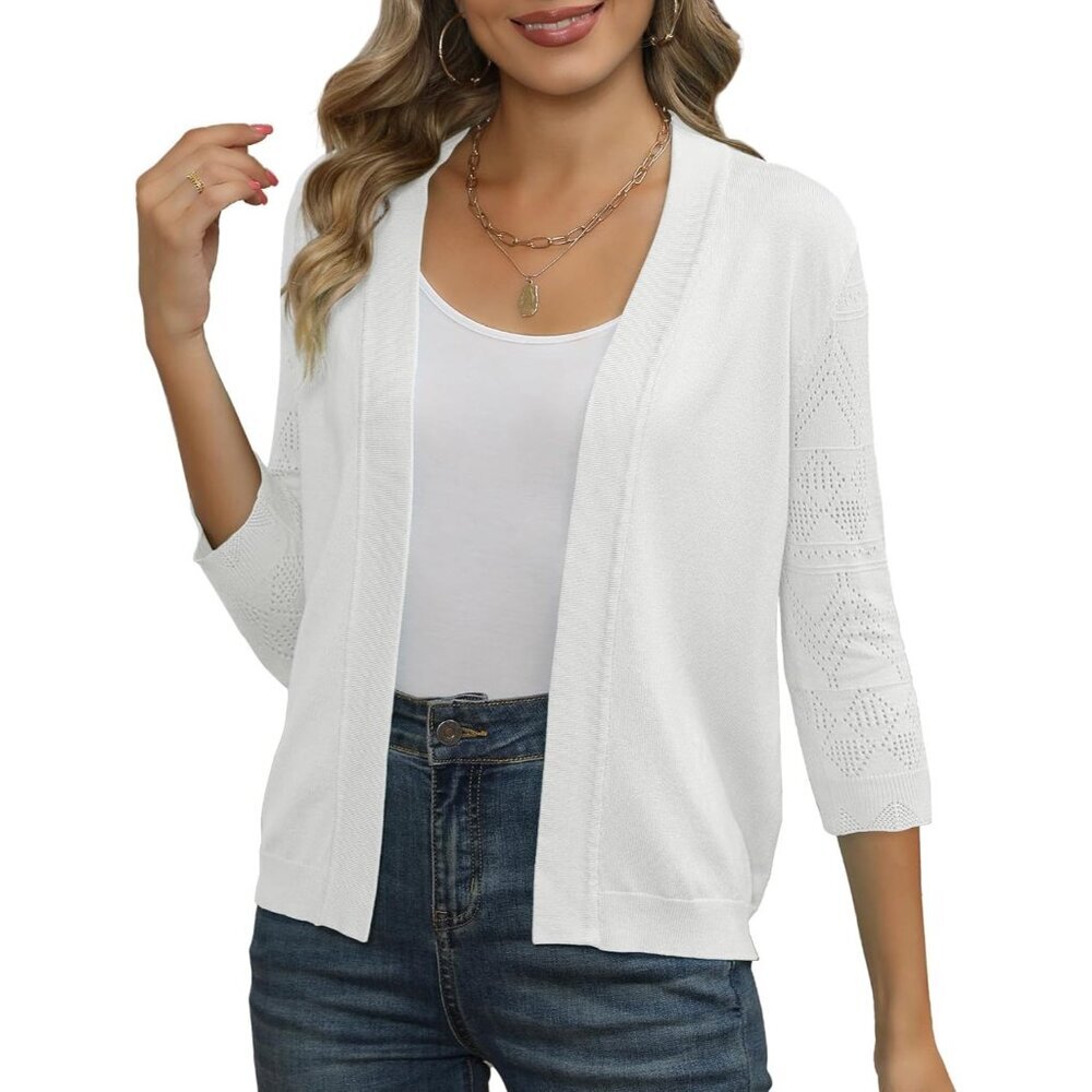Women's Cropped Knit Cardigan Lightweight 3/4 Sleeve Geometric Pattern